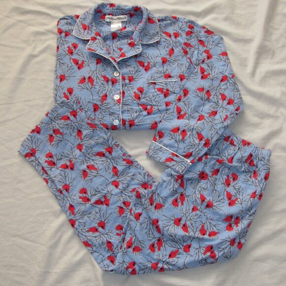 Pajama Mania Women’s Two Piece Flannel Pajamas Blue With Red Cardinals Size L - Picture 1 of 4